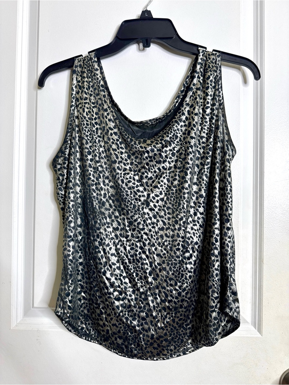 Metallic Silver Black Leopard Cowl Neck Tank Top - Size Large